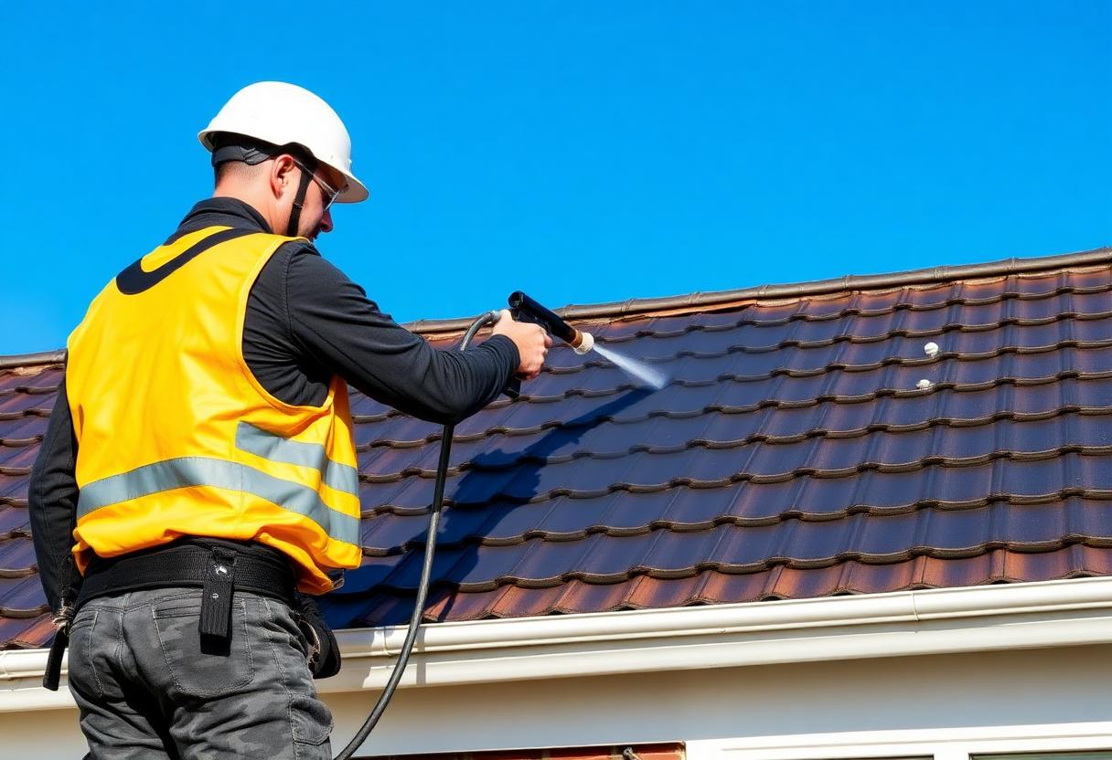 Specialist brengt beschermende coating aan op een Nederlands pannendak