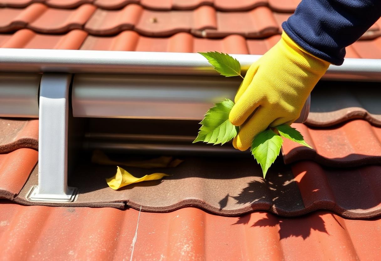 Dakgoot van een Nederlandse woning wordt gereinigd van bladeren en vuil