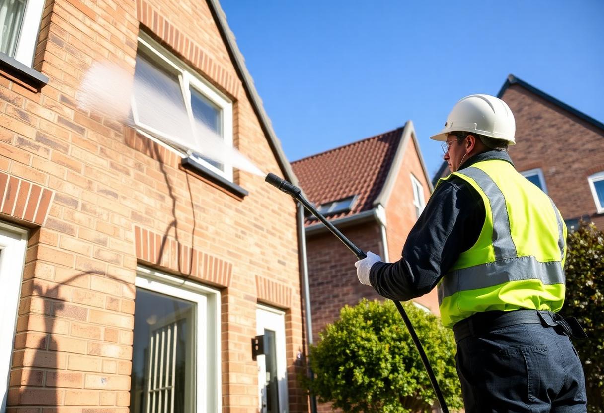 Vakman reinigt een bakstenen gevel van een Nederlandse woning met professionele apparatuur