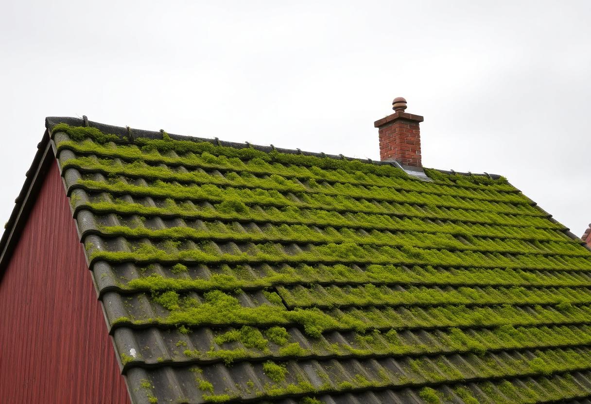 Dak van een Nederlandse woning voor reiniging, bedekt met mos en algen